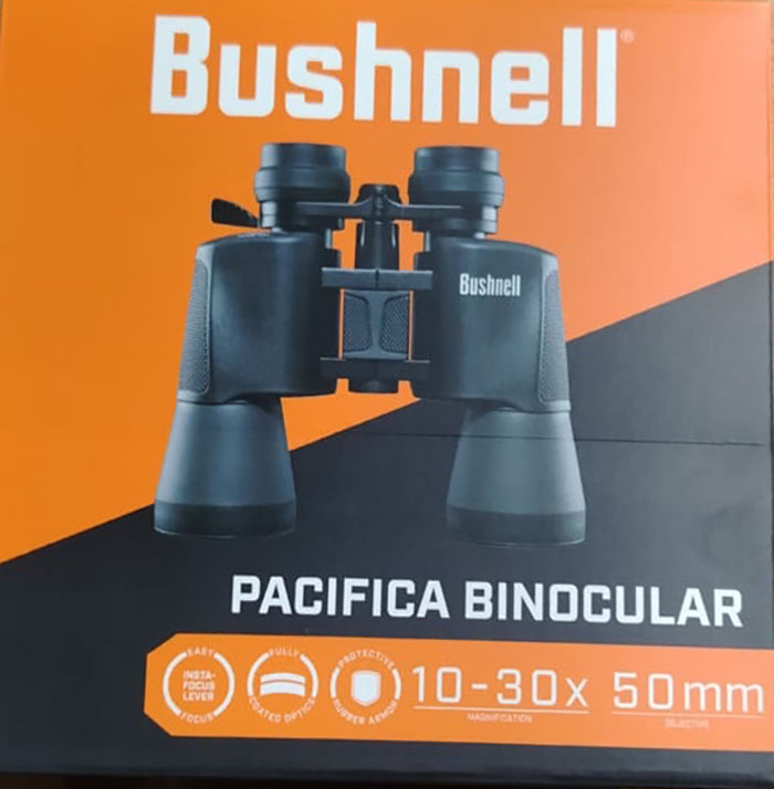 Binocular Bushnell Pacifica 10-30x50 Porro Negro frente caja