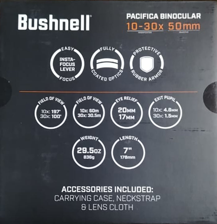 Binocular Bushnell Pacifica 10-30x50 Porro Negro reverso caja
