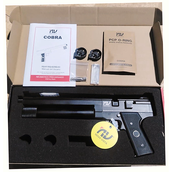 Pistola PCP Nova Vista Cobra Calibre .22 - 5.5 mm con Regulador caja con lo que incluye