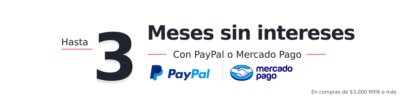 Banner de hasta 3 meses sin intereses con PayPal o Mercado Pago desktop