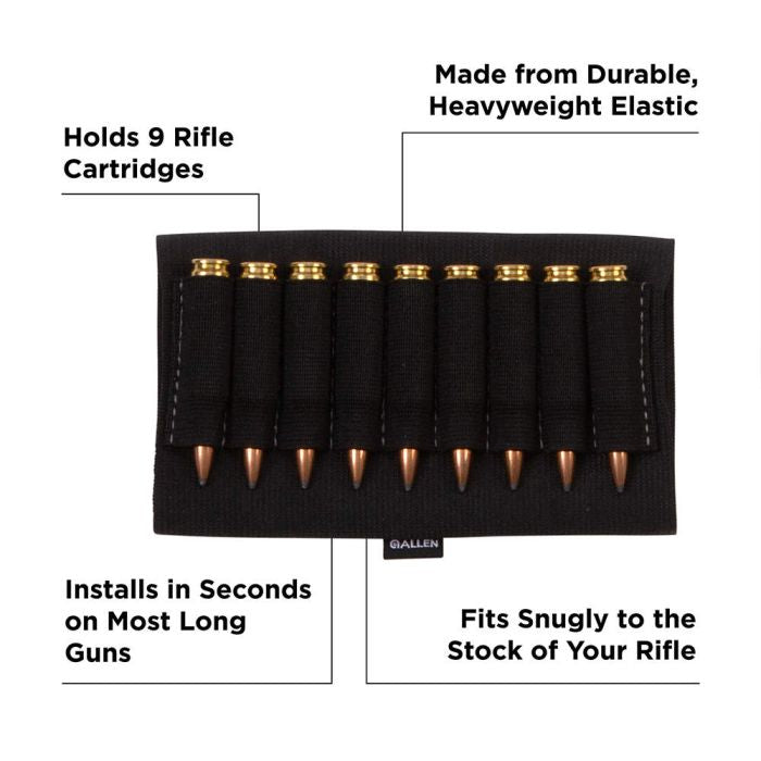Carrillera Allen Negra para Culata de Rifle vista frontal con 9 cartuchos colocados 