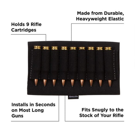 Carrillera Allen Negra para Culata de Rifle vista frontal con 9 cartuchos colocados 