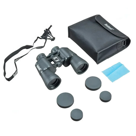 Binocular Bushnell Pacifica 10-30x50 Porro Negro contenido de la caja