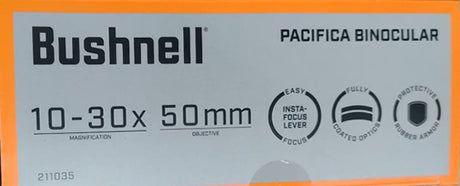 Binocular Bushnell Pacifica 10-30x50 Porro Negro lateral izquierdo caja