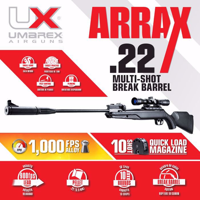 Rifle de Aire Umarex Arrax Calibre .22 - 5.5 mm Multi-disparo quiebre de cañón pistón de gas diábolos flyer