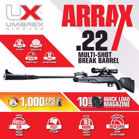 Rifle de Aire Umarex Arrax Calibre .22 - 5.5 mm Multi-disparo quiebre de cañón pistón de gas diábolos flyer