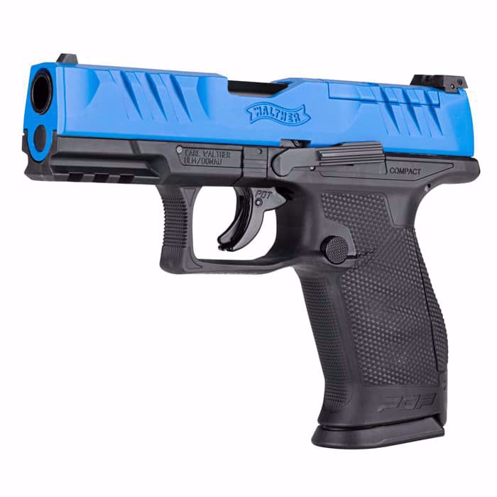 Pistola CO2 Marcadora T4E Walther PDP Compacta Azul-Negra Calibre .43 vista lateral izquierda con angulo