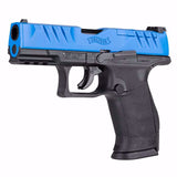 Pistola CO2 Marcadora T4E Walther PDP Compacta Azul-Negra Calibre .43 vista lateral izquierda con angulo