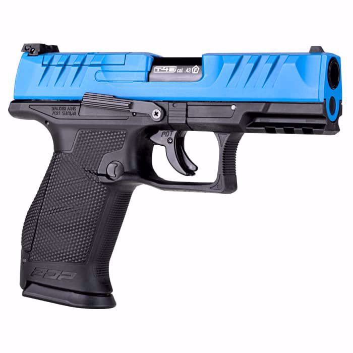 Pistola CO2 Marcadora T4E Walther PDP Compacta Azul-Negra Calibre .43 vista lateral derecha con angulo