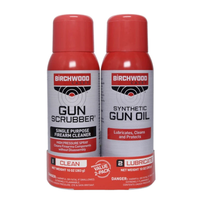 Kit Limpiador Birchwood Casey Gun Scrubber y Aceite Gun Oil Sintético 283 g c/u