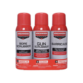 Kit Birchwood Casey Bore Scrubber, Gun Scrubber y Barricade Aerosol 283 g c/u - Sportsguns