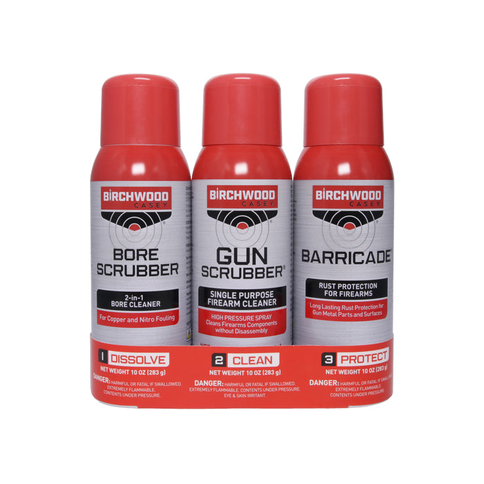 Kit Birchwood Casey Bore Scrubber, Gun Scrubber y Barricade Aerosol 283 g c/u - Sportsguns