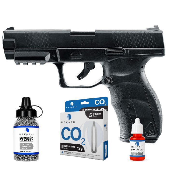 Pistola CO2 Umarex 9XP Combo con balines, cartuchos de CO2 y aceite Nakashi