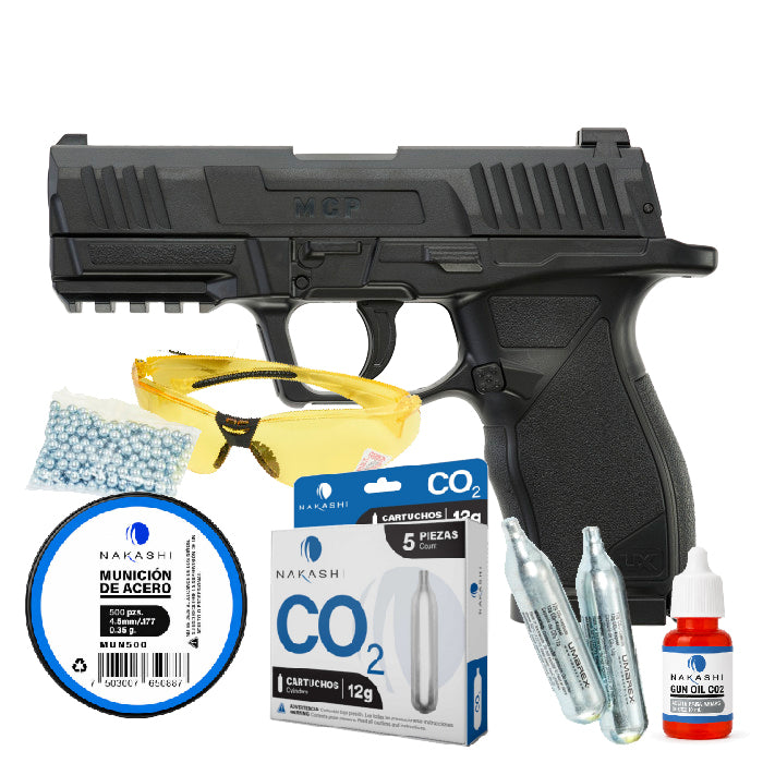 Pistola CO2 Umarex MCP Kit Combo 750 balines de acero 4.5 mm, 7 cartuchos CO2 de 12 g, aceite Nakashi para lubricar los sellos y un par de lentes. Sportsguns