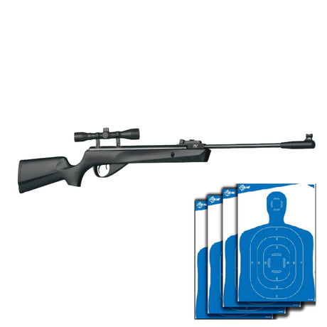 Combo de rifle Nova Vista BB15 Commando negro calibre 5.5 mm (.22) con mira telescópica 4x32 y cuatro blancos azules Allen de silueta humana.