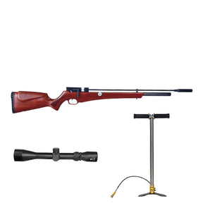 Combo de rifle PCP Nova Vista D-02 Razer calibre 5.5 mm (.22) con culata de madera, mira telescópica Nakashi 3-9x40 y bomba manual Nakashi.
