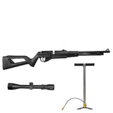 Combo de rifle PCP Nova Vista PCP1000 negro calibre 5.5 mm (.22), mira telescópica Nakashi 3-9x40 y bomba manual Nakashi con pedal fijo.