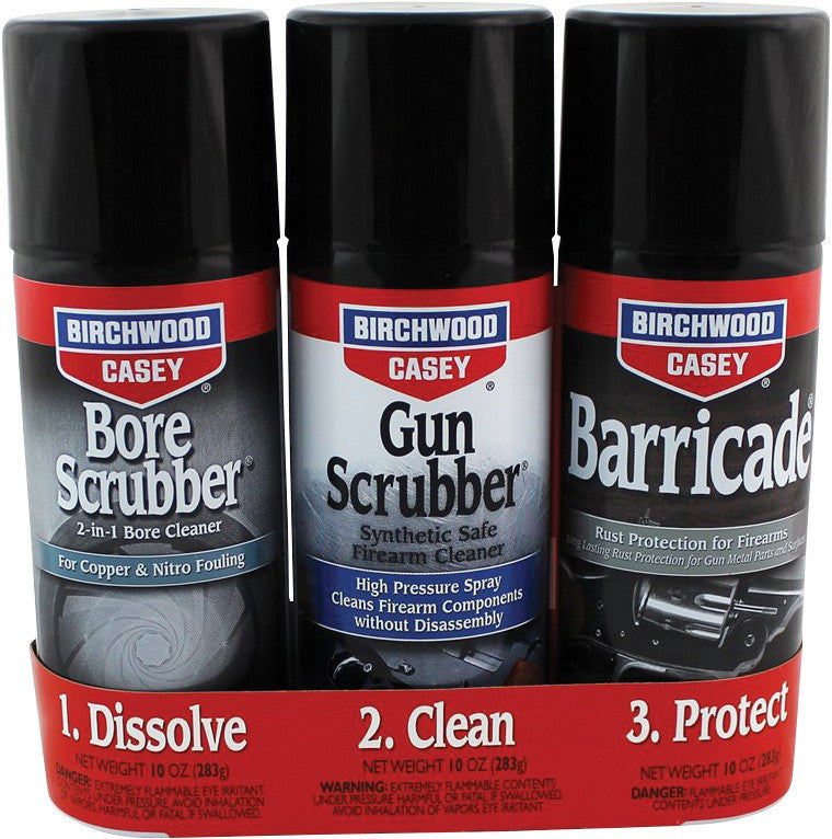 Kit Birchwood Casey Bore Scrubber, Gun Scrubber y Barricade Aerosol 283 g c/u - Sportsguns